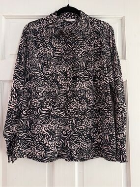 Topshop UK 10 US 6 Black Blush Abstract Animal Print Button Up Blouse Shirt Lge